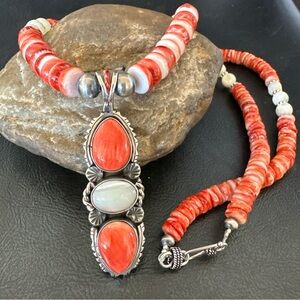 Women’s Red Spiny Oyster Mother of Pearl Sterling Silver Necklace Pendant 17658